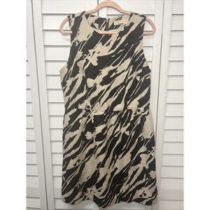 Michael Kors 100% Linen Abstract Sleeveless Shift Dress Size 12 Khaki & Black